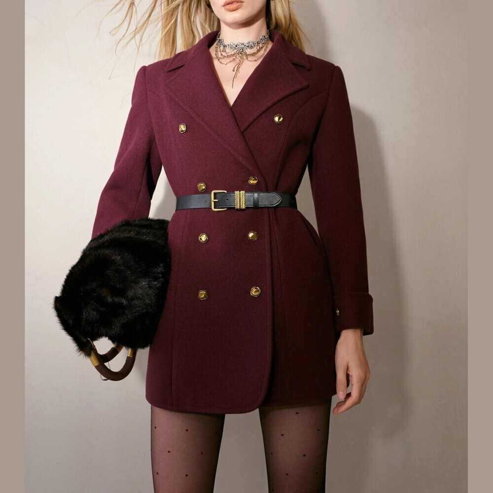 Burgundy Double Breasted Gold Button Lapel Thigh Length Pea Coat